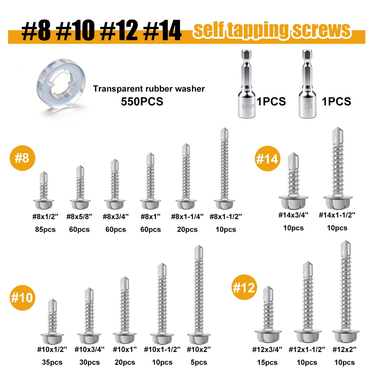 weideer 1000pcs Self Tapping Screws for Metal, #8#10#12#14,410 Stainless Steel Sheet Metal Screws Assortment Kit, Hex Washer Head Self Drilling Screw with Rubber Washer,Length 1/2" to 2''