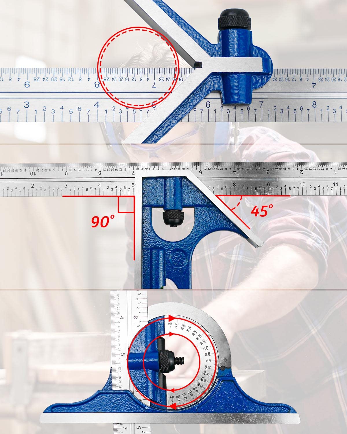 4PCS 12 Inch Combination Square Ruler Set Protractor Satin, 4-R Graduation