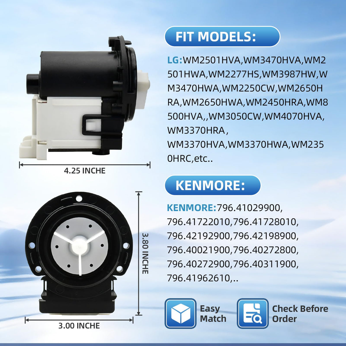 4681EA2001T Washer Drain Pump Motor Replacement for LG & Kenmore, Upgraded High-Flow Front Load Washer Drain Pump, Fits WM2101HW, WM3270CW, WM3670HWA – Replaces AP5328388, 4681EA1007G, 4681EA1007D