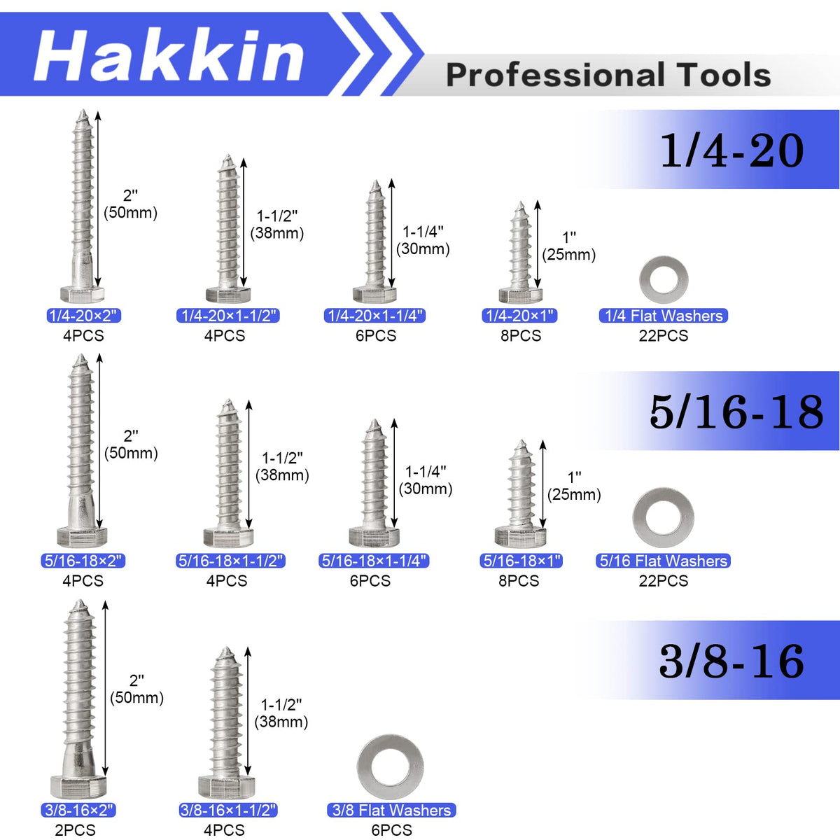 Hakkin 100PCS 1/4" 5/16" 3/8" Hex Lag Bolts Screws Washer Assortment Kit, Hexagon Head Lag Screws 304 Stainless Steel,Heavy Duty Wood Screws Assortment Kit Length Include 1" 1-1/4" 1-1/2" 2"