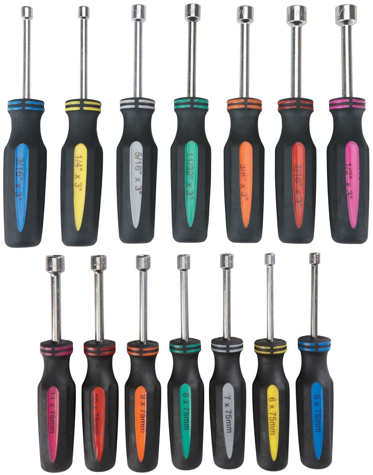 14 Piece SAE and Metric Professional Automotive Nut Driver Set Color Coded Nonslip TPR Hand Grips and 3-inch Hollow Shaft