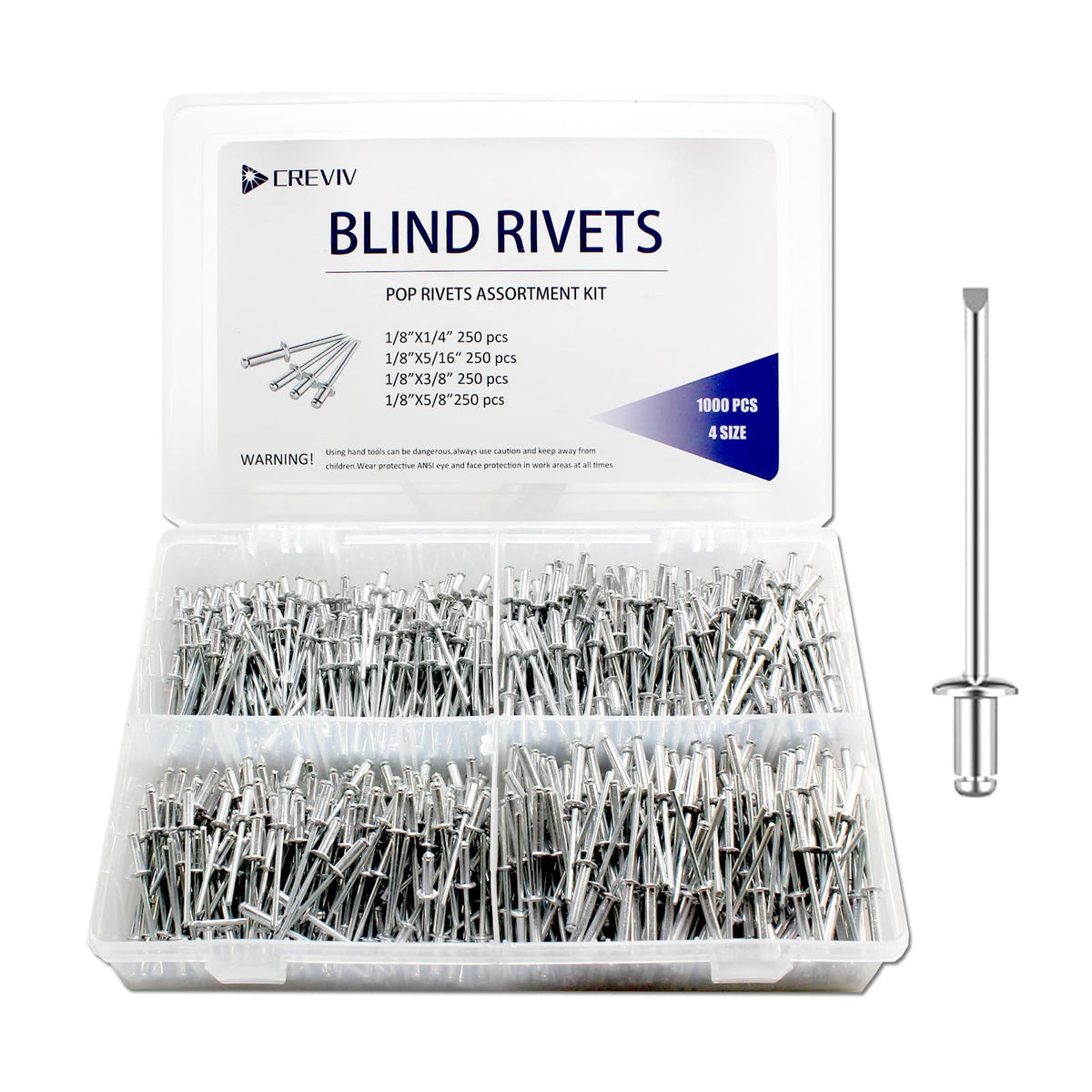 Blind Rivets Assortment Kit, 1000 Pcs, Aluminum Pop Rivets, 1/8" 4 Sizes