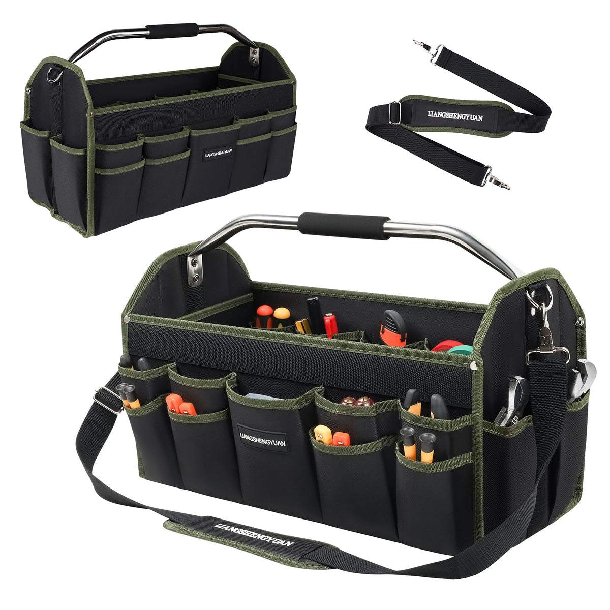 20In Electrician Tool Bag, Foldable Bags For Men Heavy Duty, Open Top Tool Tote, 30 Pockets Can Hold Many fittings, Organizer Stainless Steel Handle and Removable Shoulder Strap
