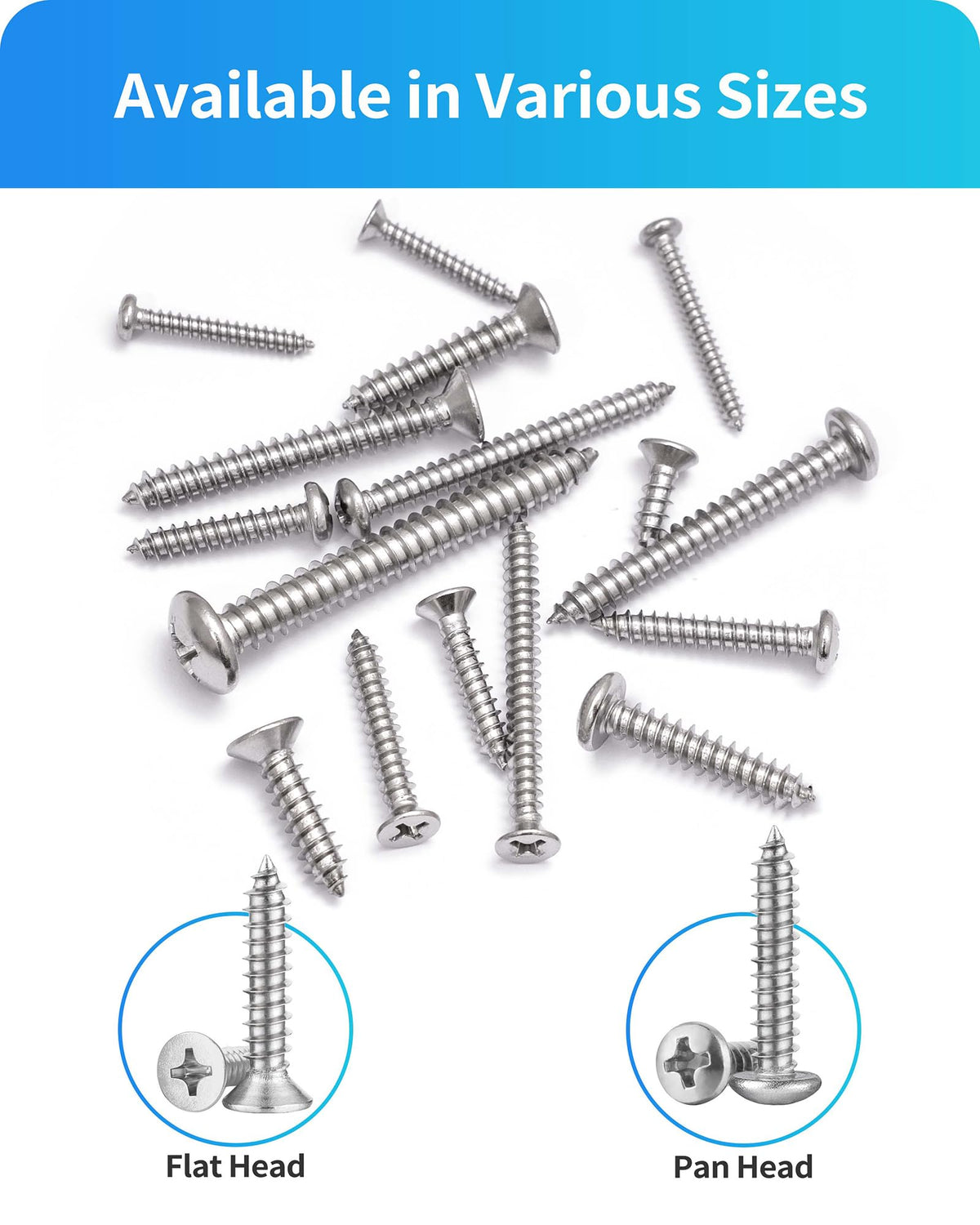 DIVANC 580Pcs 304 Stainless Steel Wood Screw Assortment Kit, M3 M4 M5 M6 Phillips Pan Head & Flat Head Sheet Metal Screws Self Tapping Screws Set,16 Sizes Assorted Screw (Silver)