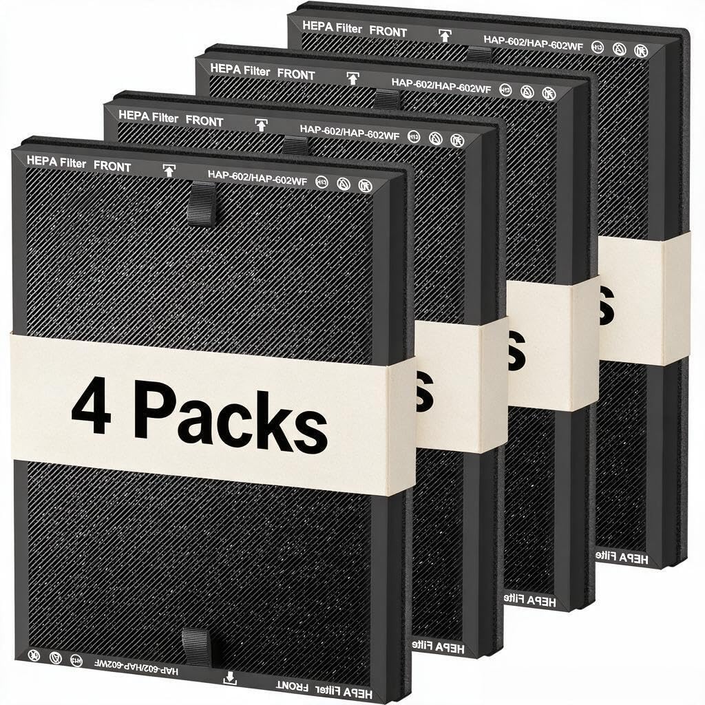 4Pack HAP602 Replacement Filter Compatible with ECOSELF HAP602 HAP602WF Air Purifier, 3-in-1 Composite HEPA Activated Carbon Pre-Filter, Black