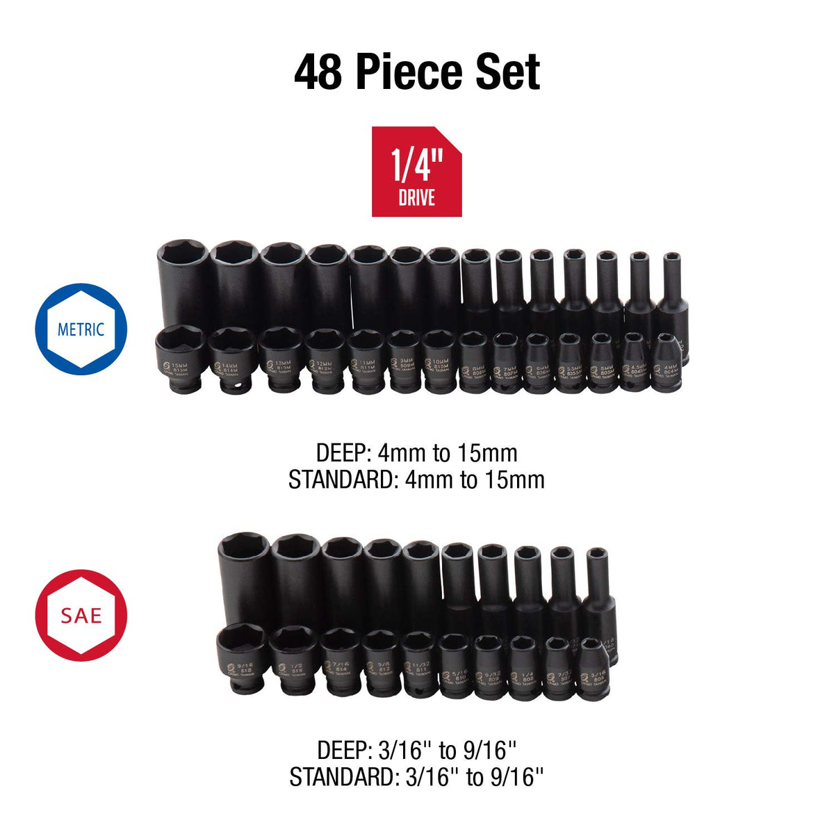 SUNEX TOOLS 1848, 1/4 Inch Drive Master Impact Socket Set, 48-Piece, SAE/Metric, 3/16 Inch - 9/16 Inch, 4mm - 15mm, Standard/Deep, Cr-Mo Alloy Steel, Radius Corner Design, Heavy Duty Storage Case