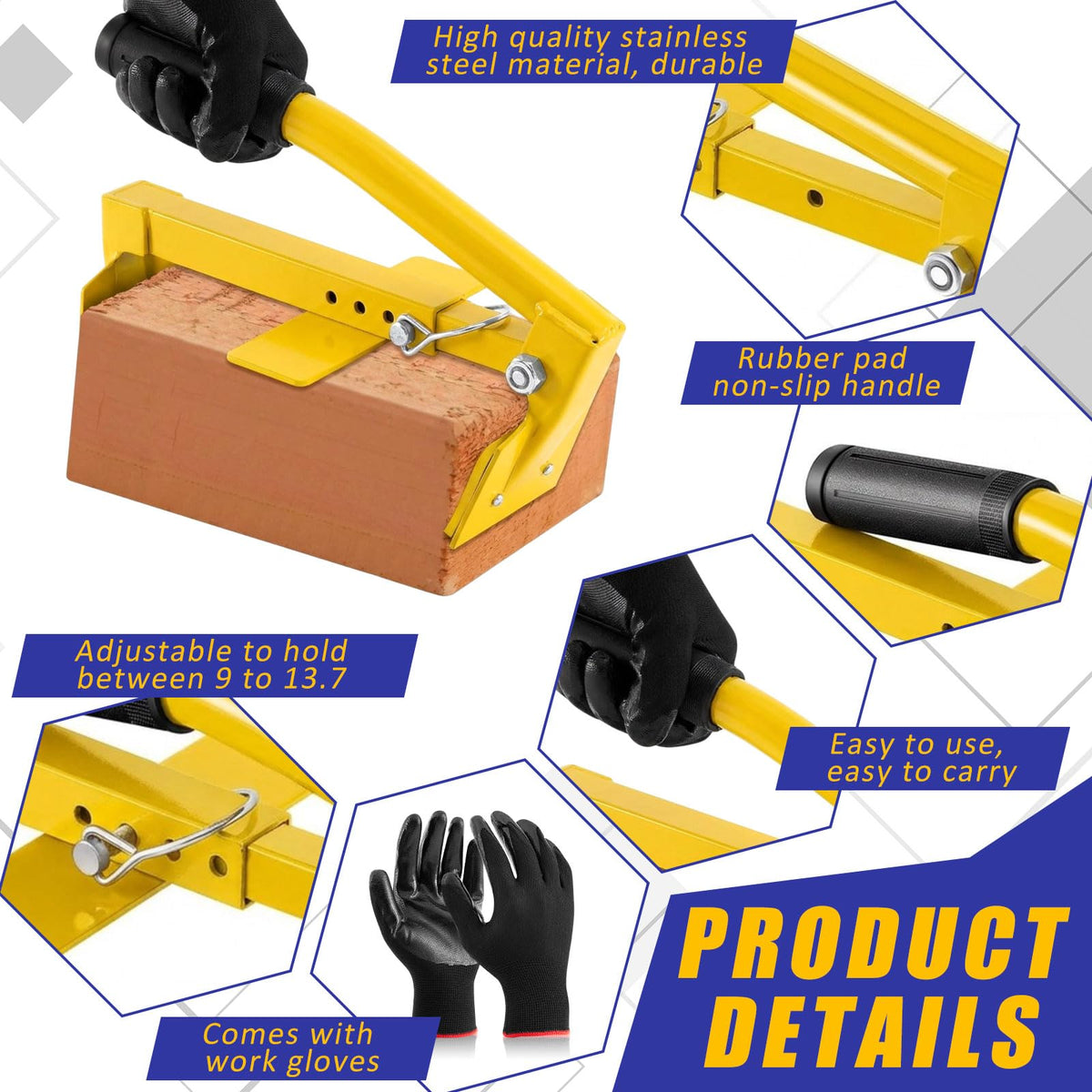 Lanties Adjustable Heavy Duty Brick Tongs Set Heavy Duty Block Tongs with Rubber Pad Handle and Work Gloves Adjustable 9-13.7 Inches Paver Tool for Bricks Lifting Carrying