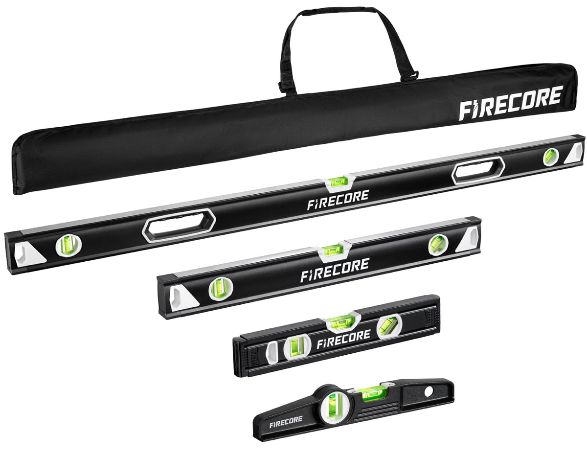 Firecore 4-Piece Shockproof Spirit Level Set with Enhanced Magnetic Hold
