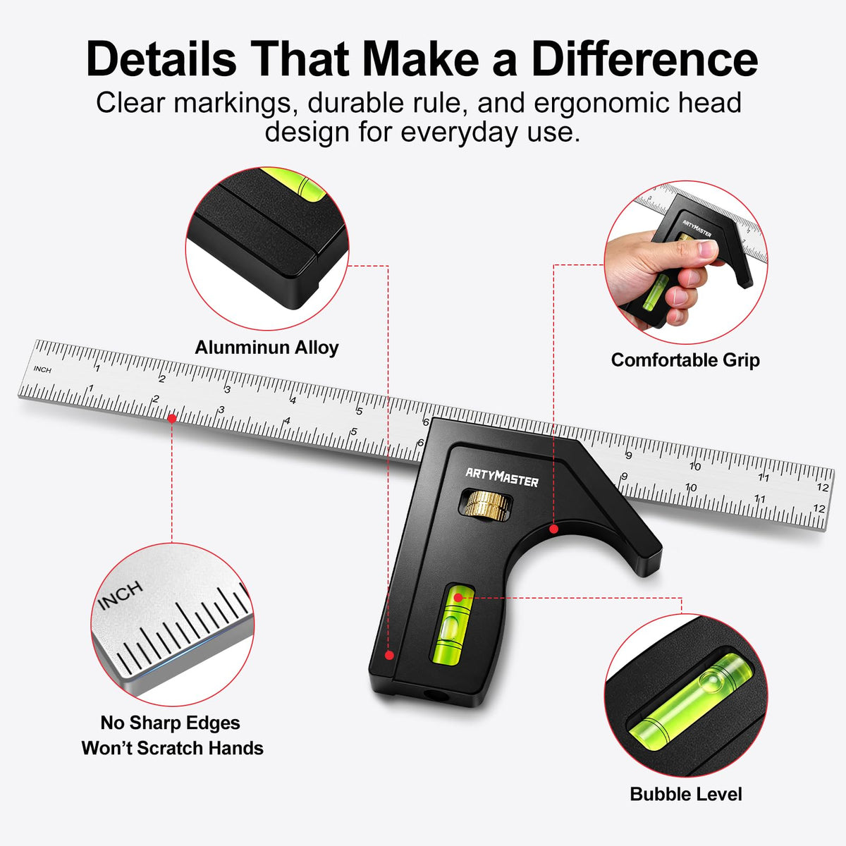 ArtyMaster 12'' Combination Square Adjustable Stainless Steel Layout Tool