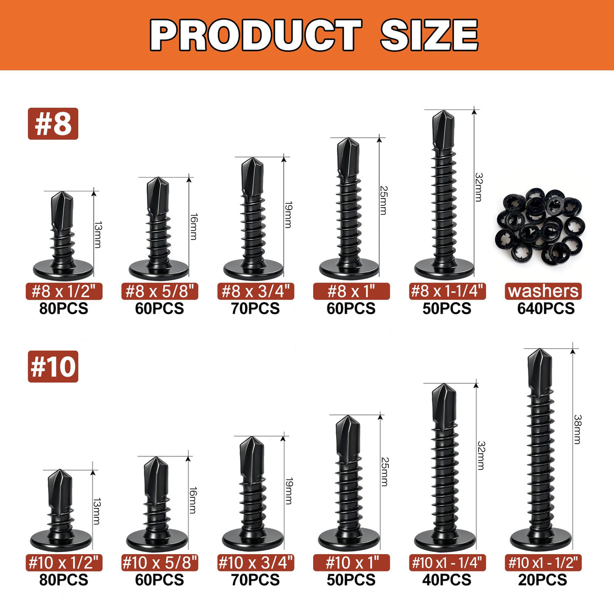 Nynhoxl 1280pcs #8#10 Self Tapping Screws for Metal, 410 Stainless Steel Truss Head Self Drilling Screws, 11 Sizes 1/2" - 1-1/2" Sheet Metal Screws Assortment Kit with Washers