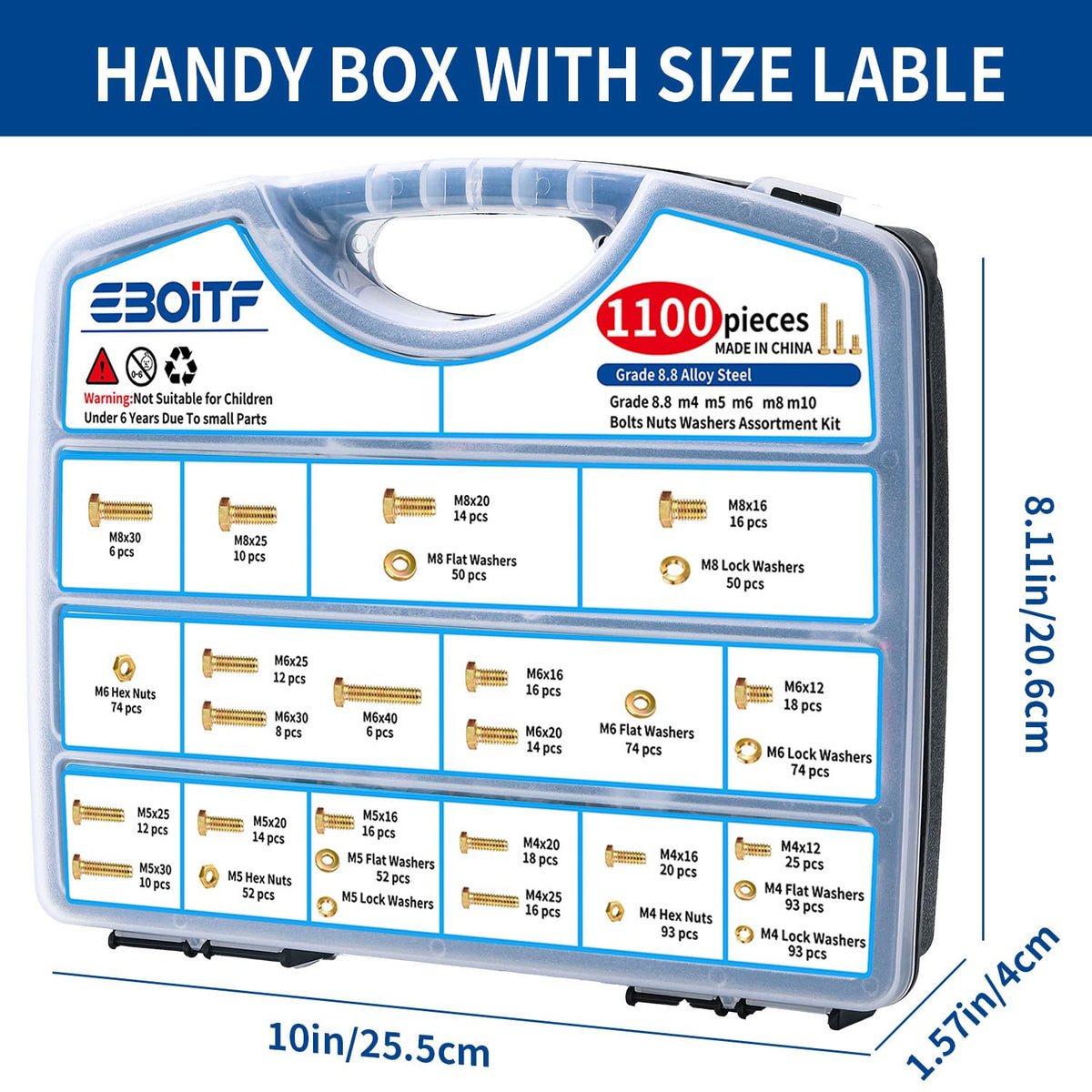 1100cs Grade 8.8 Metric Bolts and Nuts Assortment Kit, M4, M5, M6, M8, M10 Heavy Duty Hex Bolts and Nuts Kit, Assorted Nuts, Bolts, Flat & Lock Washers, Yellow Zinc Plated, Length from 12-40 mm