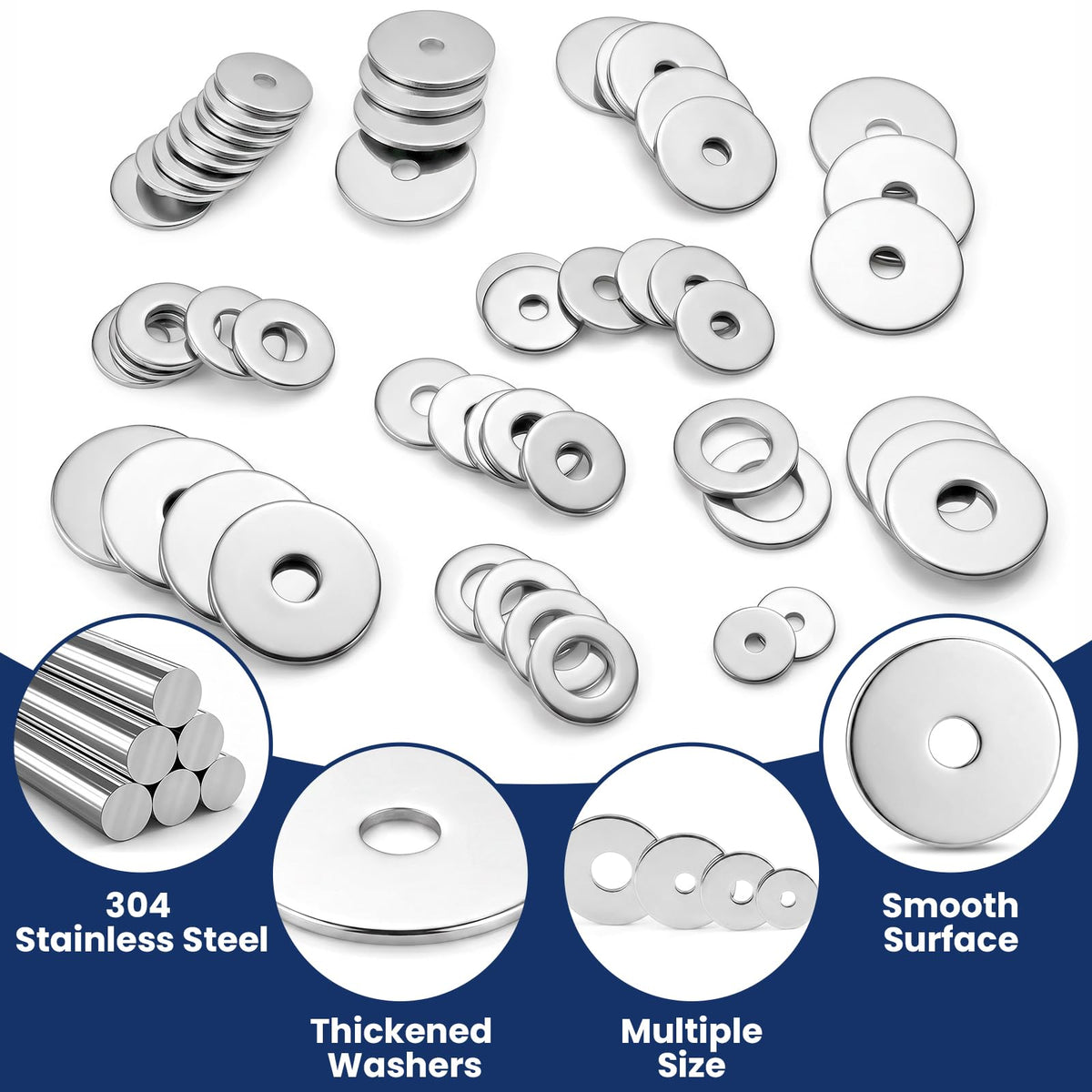 335 Pcs 304 Stainless Steel Flat Washers, 12 Sizes M3-M12 Flat Washers Set