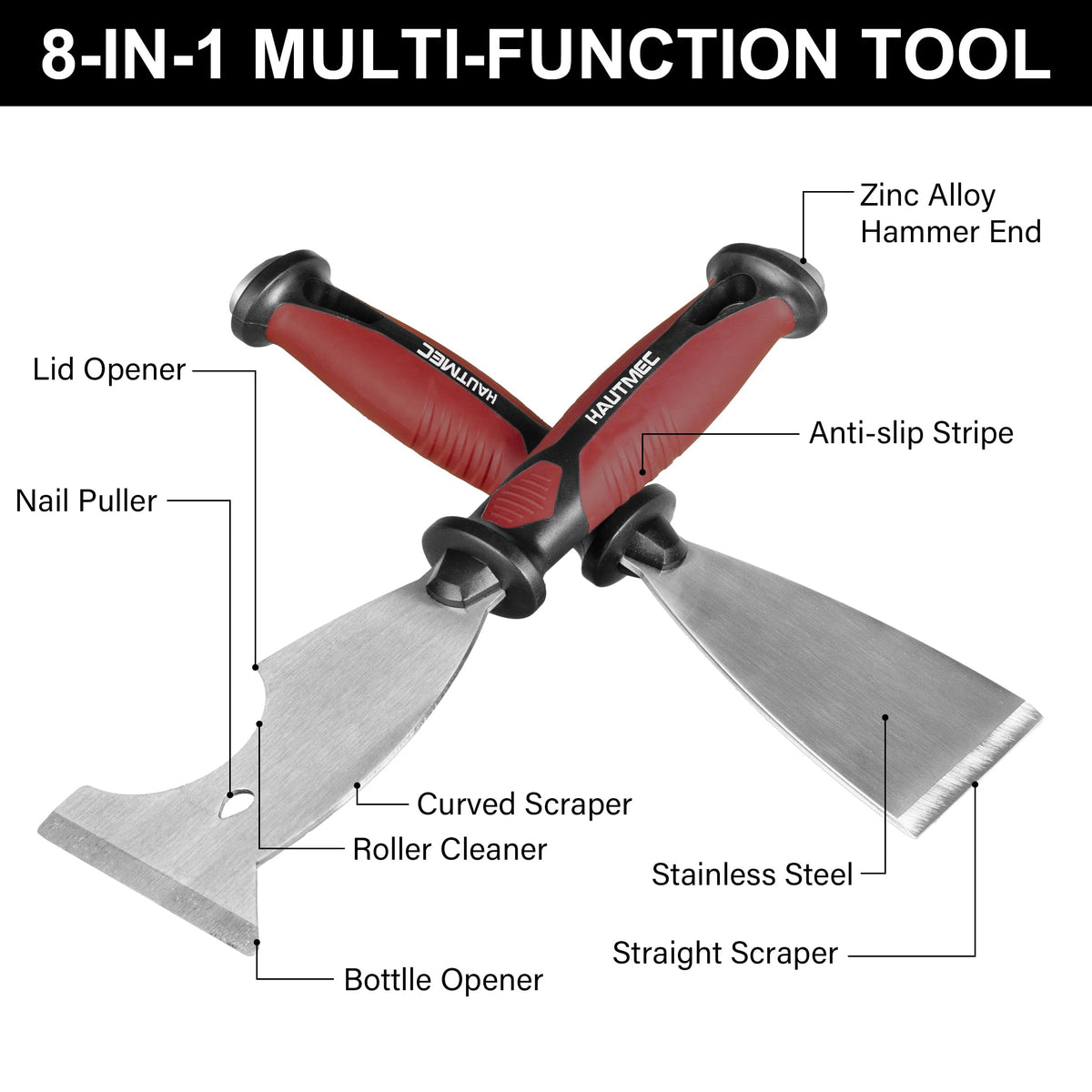 HAUTMEC Putty Knife 4 PC Set, 1.25",2",3" Paint Scraper & 3" 8-in-1 Paint Stripper, Heavy Duty Stainless Steel Blade and Hammer End for Removing Wallpaper, Plaster, Cement 25060