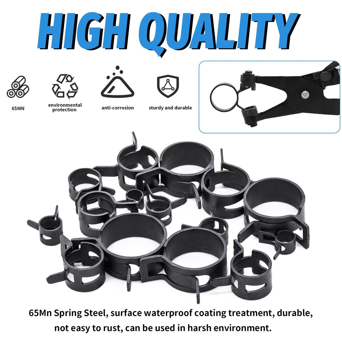 PEROMI 130Pcs 6-25mm Spring Band Hose Clamps With Swivel Flat Hose Clamp Plier Assortment Kit, Constant Tension Steel Clamps for Fuel Lines, Silicone, Vacuum Hoses & Low-Pressure Air Clips