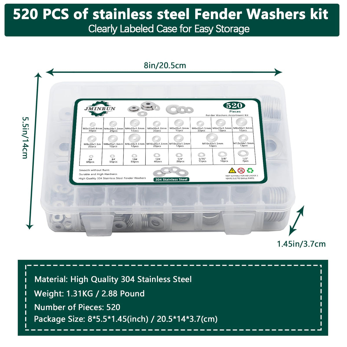 Fender Washers, 520 Pcs SAE + Metric 23 Sizes Flat Washers Assortment Set, 304 Stainless Steel Assorted Hardware Washers Kit for Bolts (M3 M4 M5 M6 M8 M10 M12 6# 8# 10# 1/4 5/16 3/8 1/2)