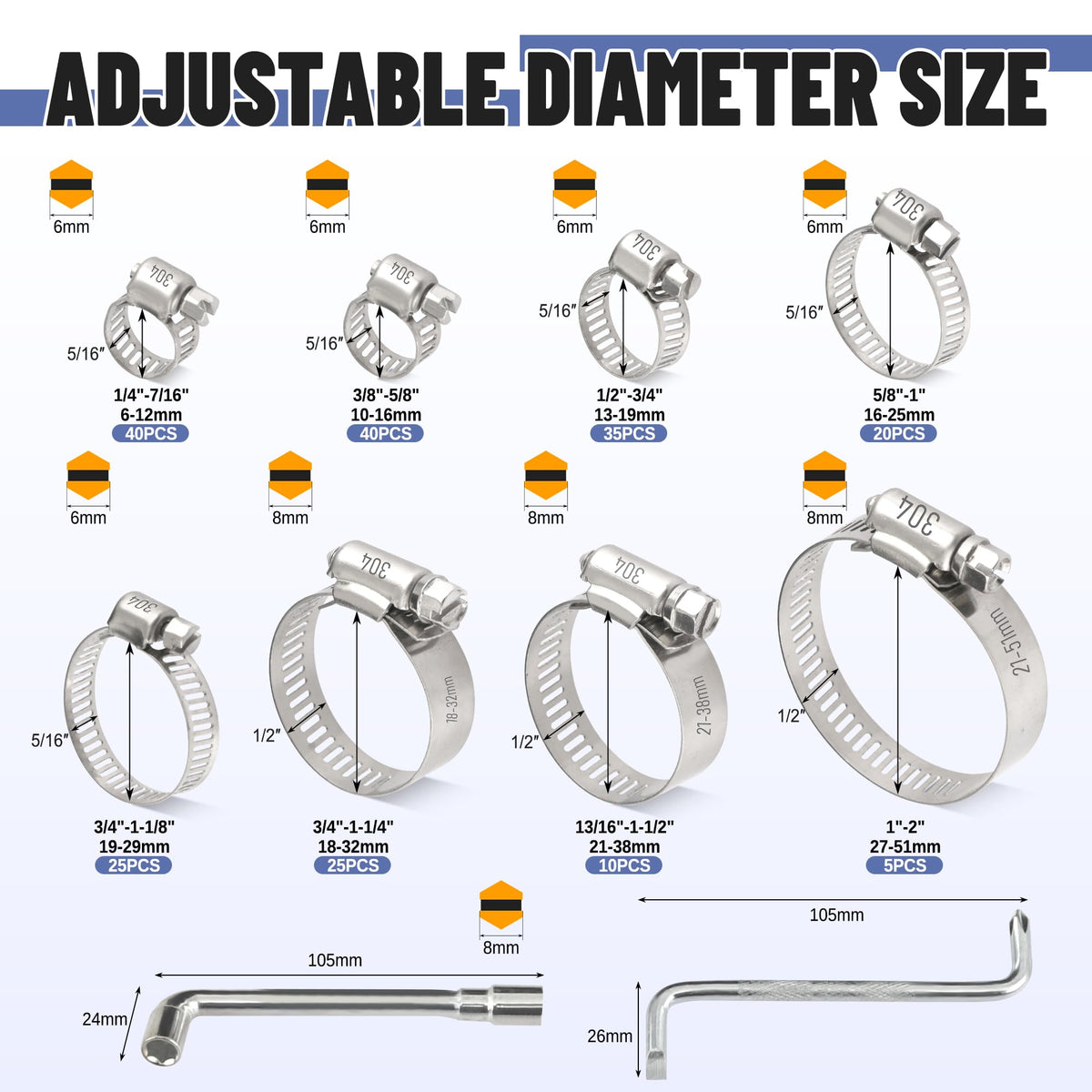 Ailbiuko 200 PCS 304 Stainless Steel Hose Clamp Kit,1/4"-2"(6-51mm)
