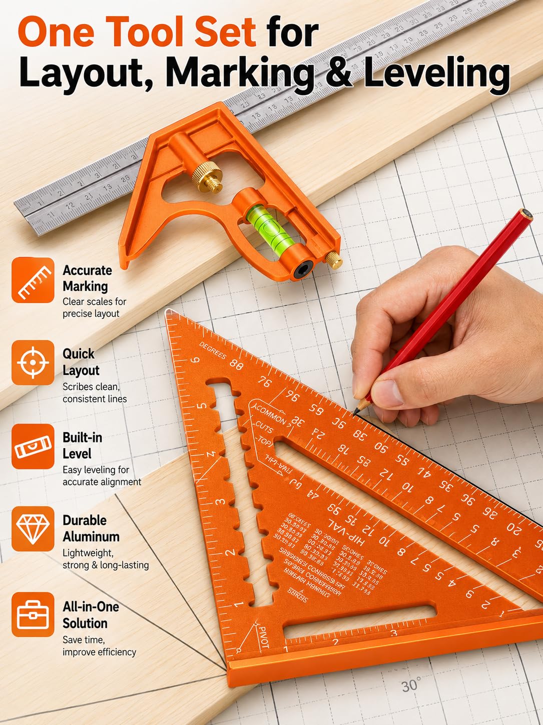 Matework Combination Square 7" 12" Carpenter Square Woodworking Carpentry