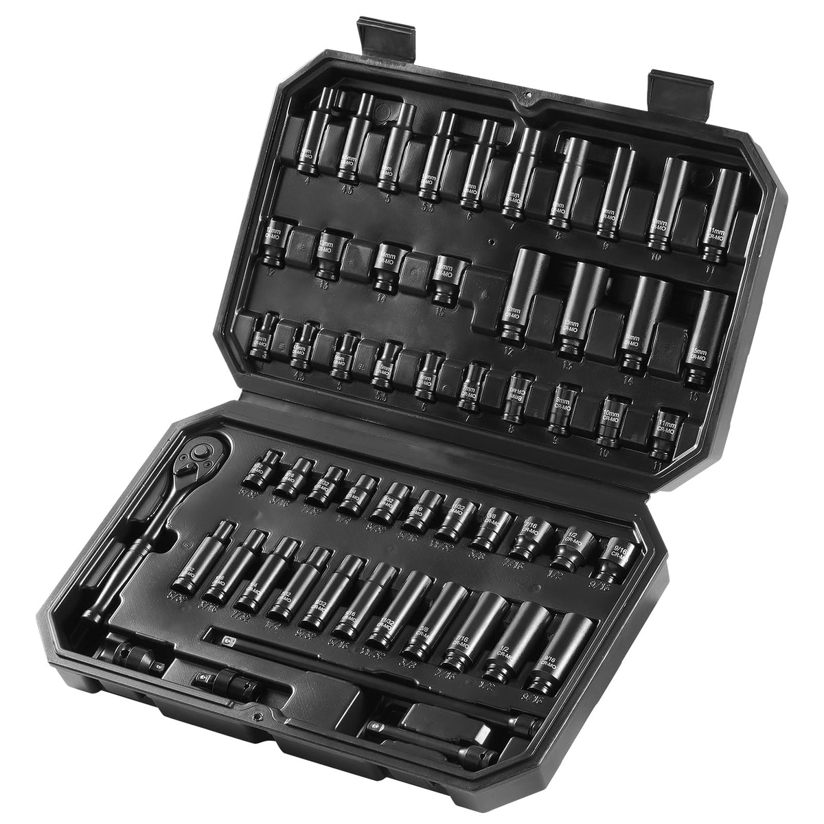 VEVOR Impact Socket Set 1/4" Drive, 55-Piece Deep & Shallow Socket Set Standard SAE (5/32 to 9/16 inch) & Metric (4 to 15 mm) Size, 6 Point, CR-V, Extension Bar, Universal Joint, Reducer