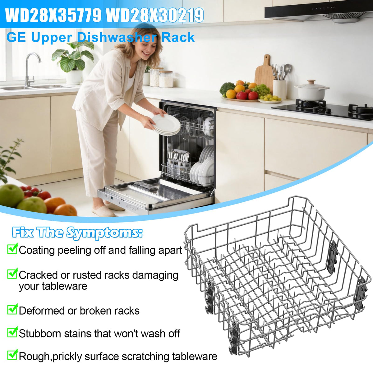 Updated WD28X35779 WD28X30219 Upper Rack for GEDishwasher Rack Replacement