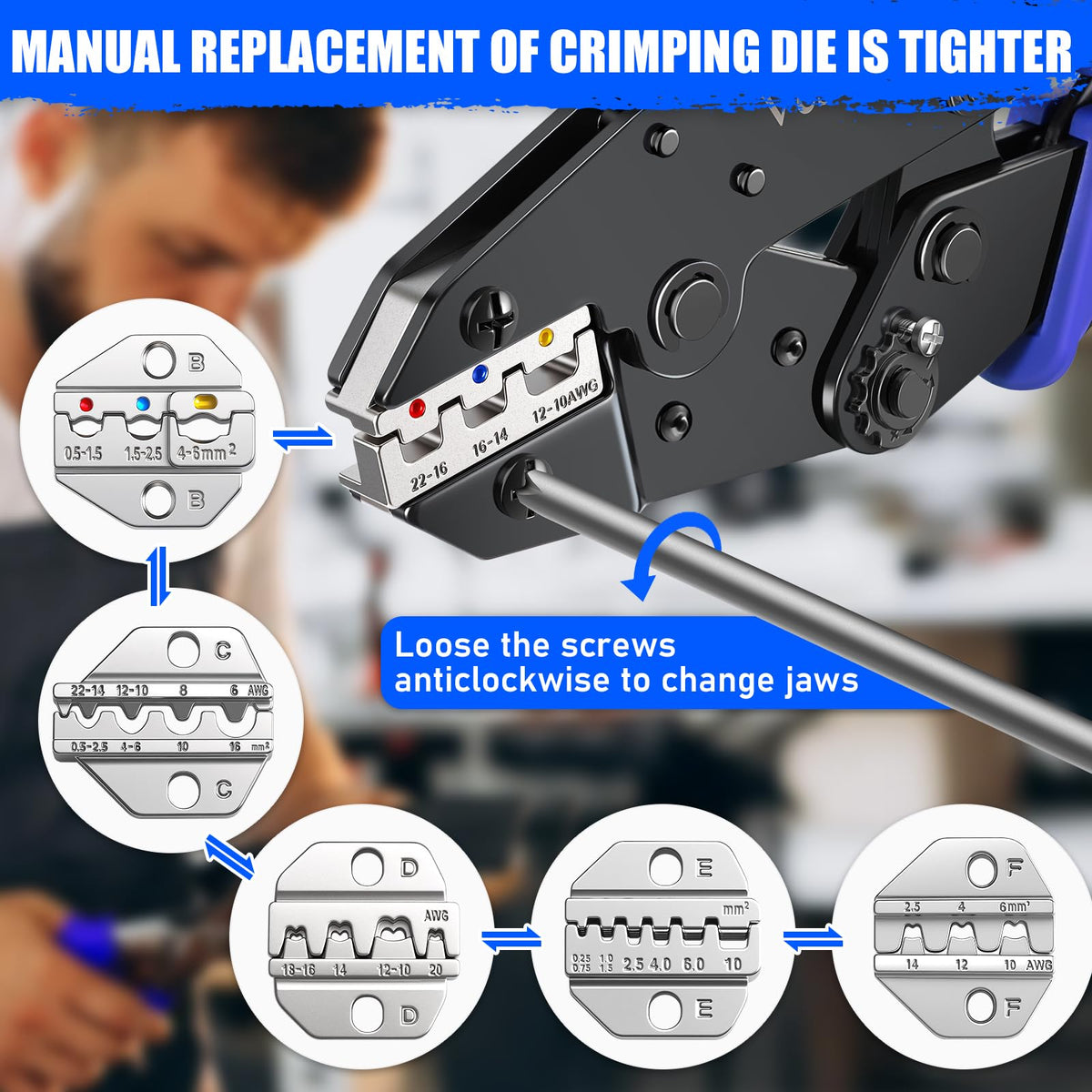 Crimping Tool Set 6PCS - Ratchet Wire Crimping Tool for Heat Shrink,Insulated Nylon,Non-Insulated,wire ferrules,Open Barrel Terminals,Solar Connectors - Crimper with 6 Interchangeable Die