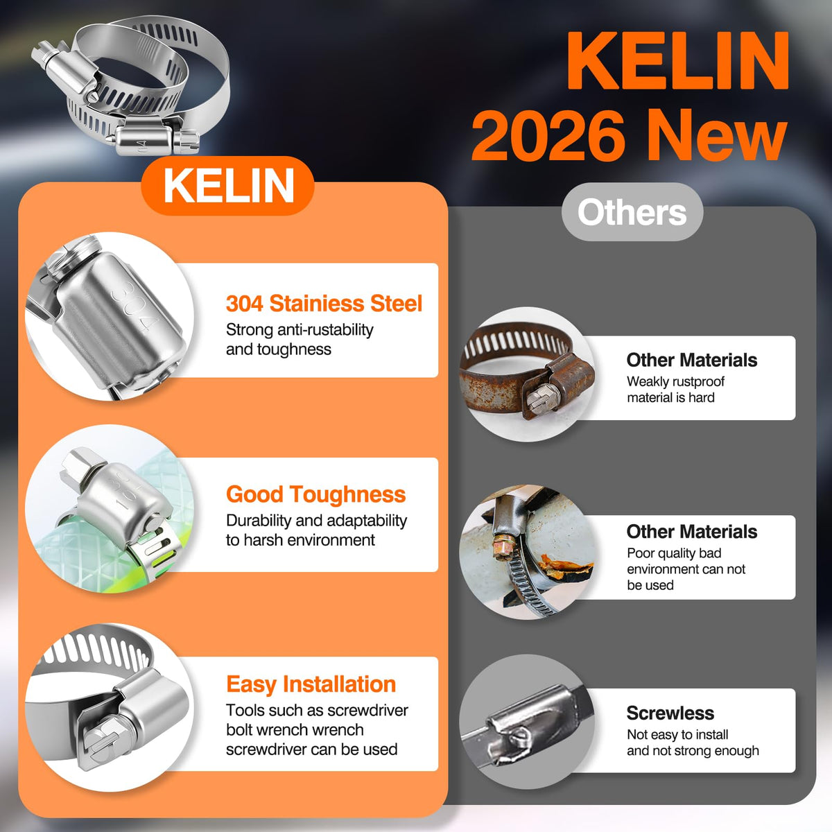 KELIN 217PCS Hose Clamp Kit 304 Stainless Steel 9 Sizes 1/4"-2-1/2"