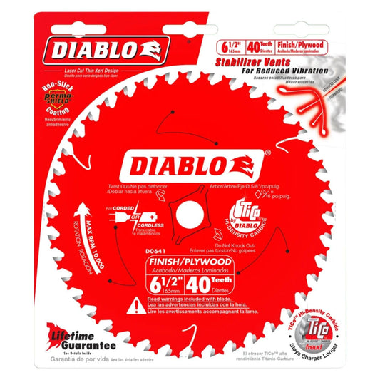 Diablo Finish Trim Saw Blade - 6-1/2" Dia, 40-Teeth, 5/8" Arbor