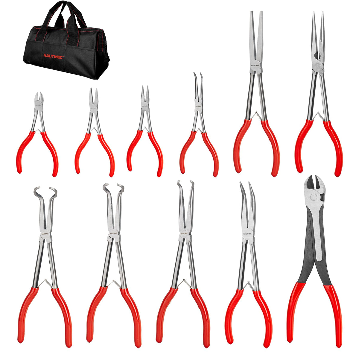 HAUTMEC Extra Long Needle Nose Pliers Set, 11PCS Long Reach Pliers Include 6-7" & 11" Straight, Circle Nose, Diagonal, Flat Nose, Bent Nose Plier for Narrow Spaces, Automotive & DIY Repairs