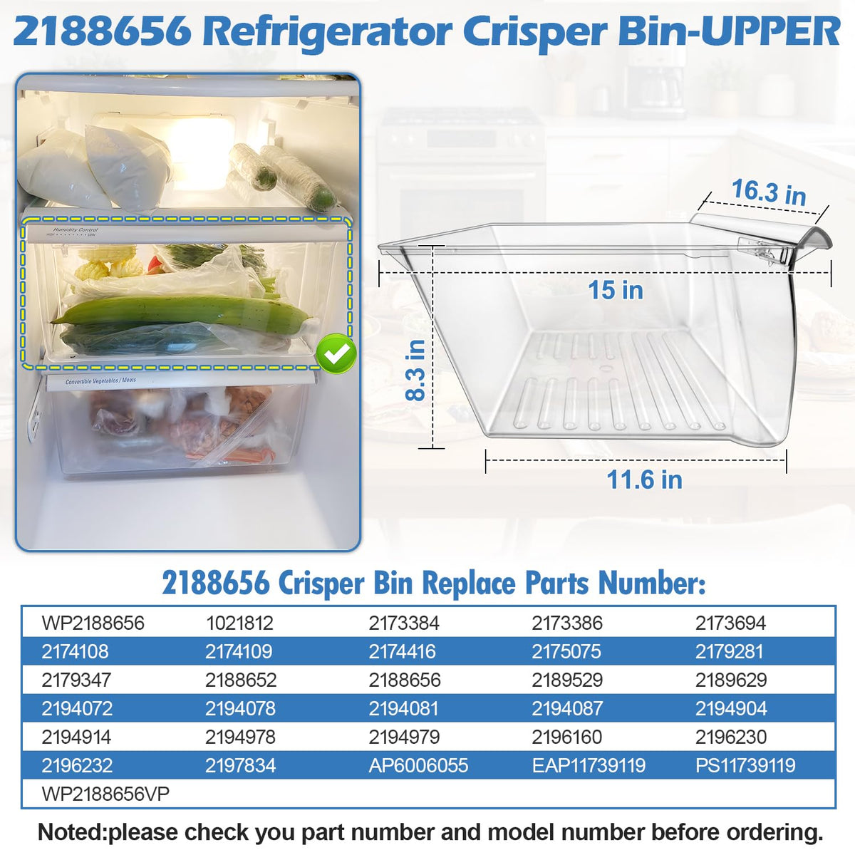 UPGRADED 2188656 Upper Refrigerator Crisper Bin & 
