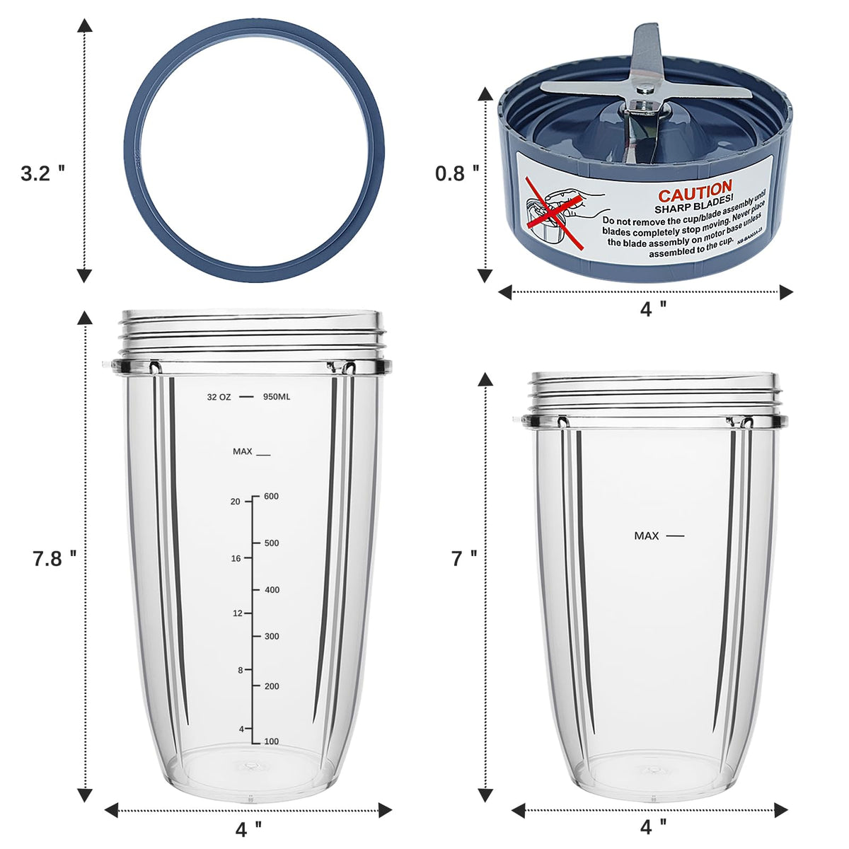 PODCAY Blender Replacement Parts for Nutribullet, 32oz & 24oz Cups with Replacement Extractor Blade, Compatible with Nutri Bullet 600W/900W Pro Blenders (3 PCS)