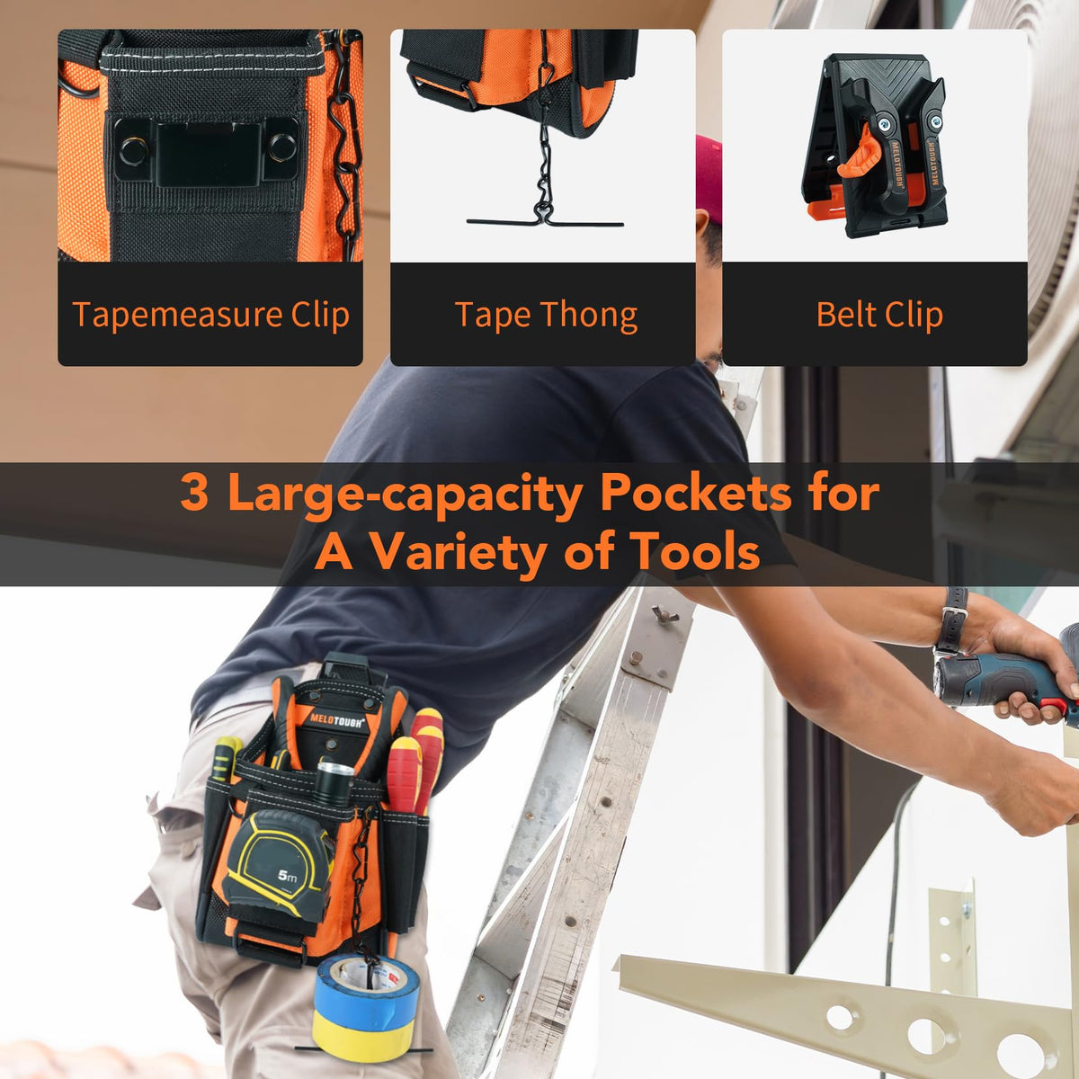MELOTOUGH Small Electrician Tool Pouch for Tool Belt with Belt Clip Attachment 9 Pockets Tradesman Tool Bag Pouch with Tape Thong Electrician Tool Holster(Orange