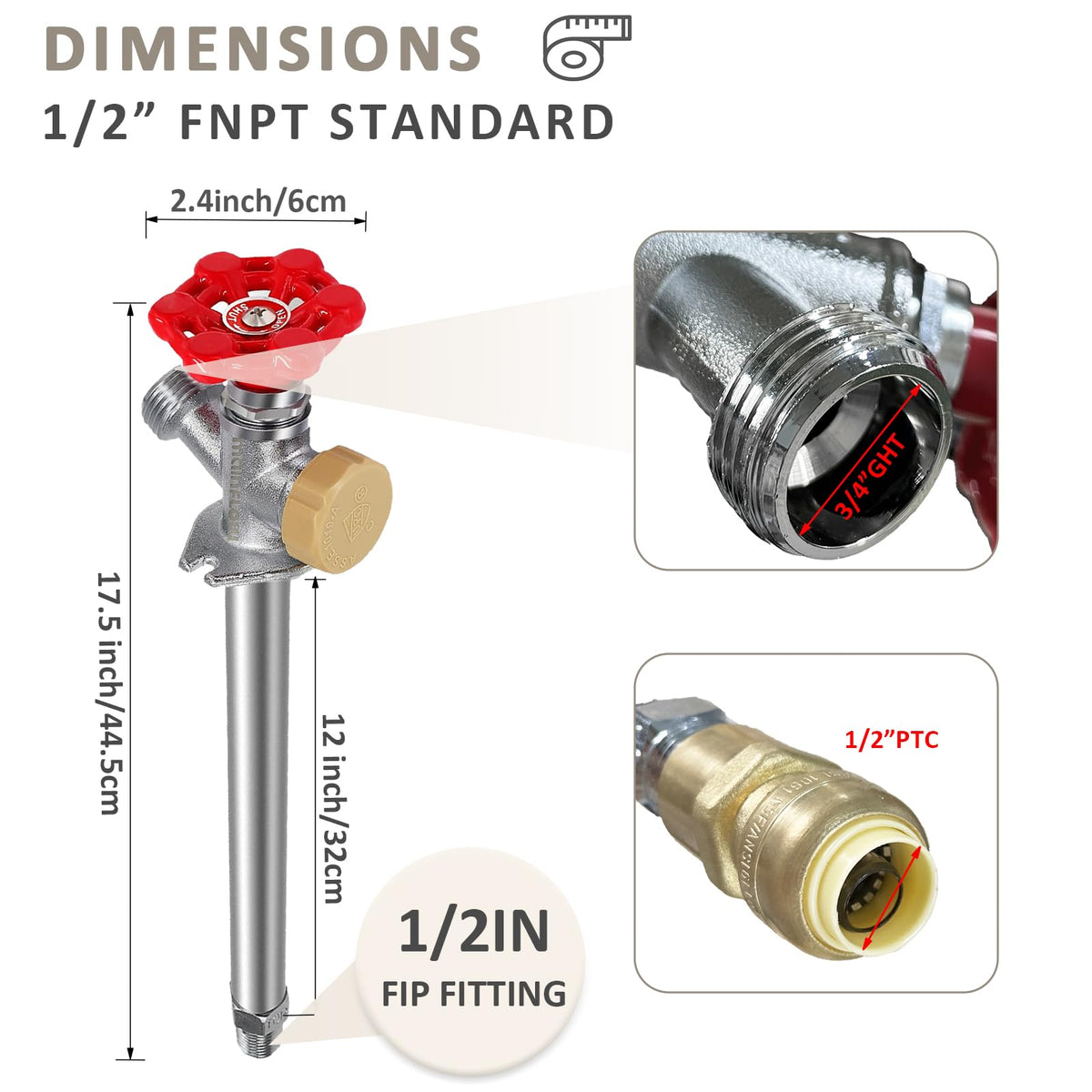 Young dance 12inch Anti-Siphon Frost Free Sillcock, No Lead Brass Frost Proof Outdoor Faucet Bib with Backflow Preventer, 1/2" Push-to-Fit Connector X 3/4 Inch Hose Bibb Frost Free Spigot
