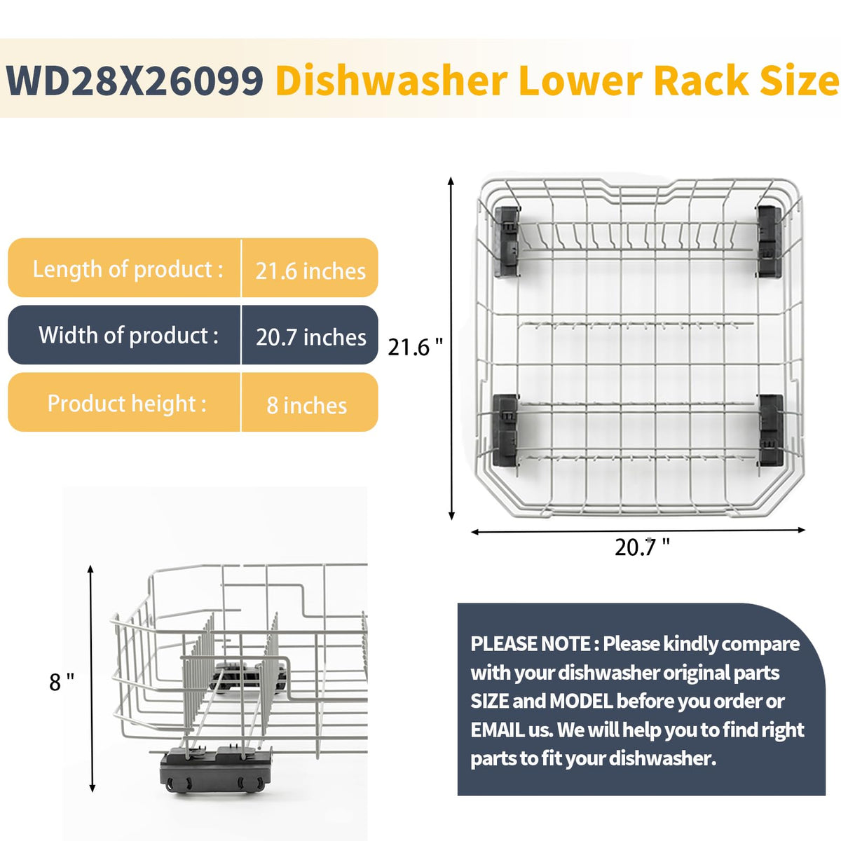 Upgraded WD28X34744 WD28X26099 Dishwasher Lower Rack Replacement Parts for GE Dishwasher Parts GDF510PSR3SS GDF510PSM0SS GDF535PSR0SS Lower Dishrack Assembly GE Dishwasher Bottom Rack 1 Pack