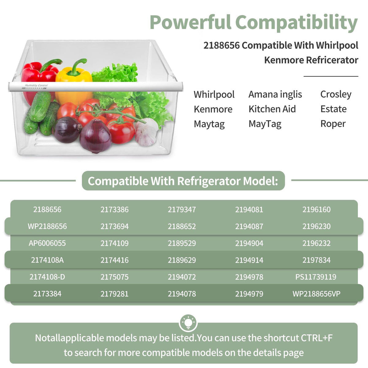 2188656 Crisper Bin, compatible with Whirlpool Refrigerator,Fridge Drawers,Kenmore Refrigerator Parts,Whirlpool Shelf Replacement- WP2188656,2188656 Fridge Crisper Drawer (Upper)