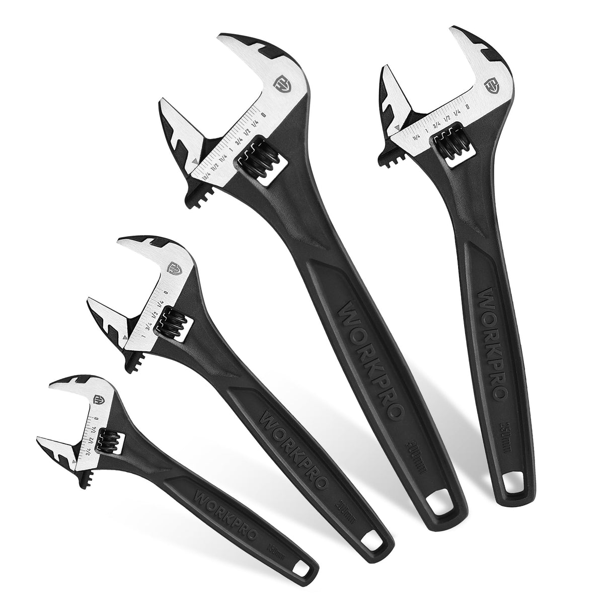 WORKPRO 4-Piece Adjustable Wrench Set, 6"-12", Cr-V Steel, Black Oxide