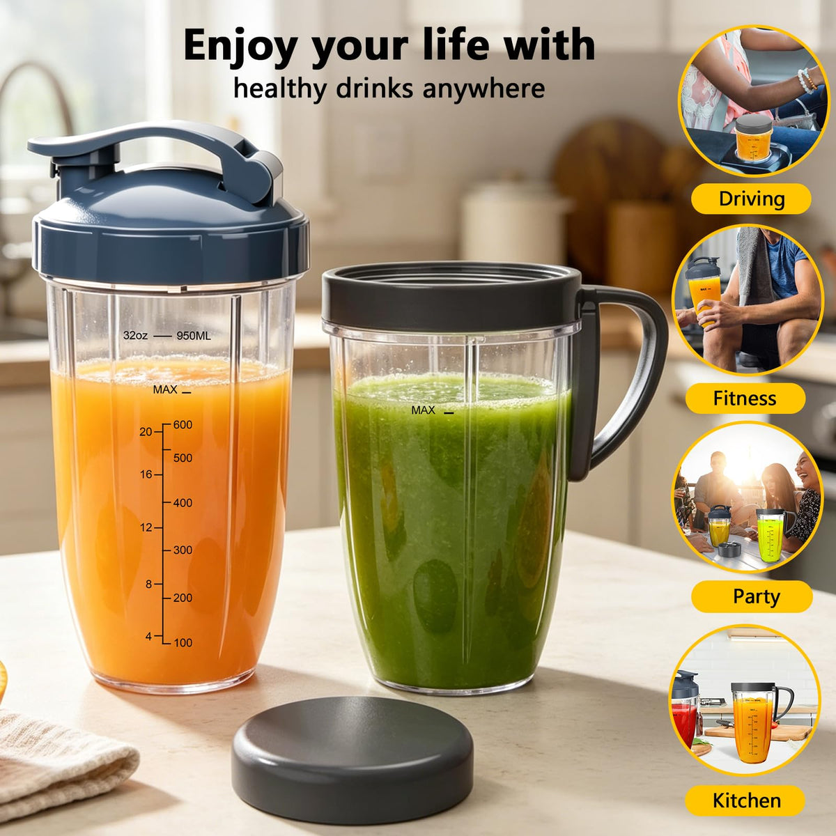 Nutribullet Blender Cups & Blade Replacement Set, 32oz & 24oz Nutribullet Cup with LidTo-Go Lid and Lip Ring, Replacement Parts for Nutri Bullet Blenders 600w & Pro 900w Accessories 6 PCS