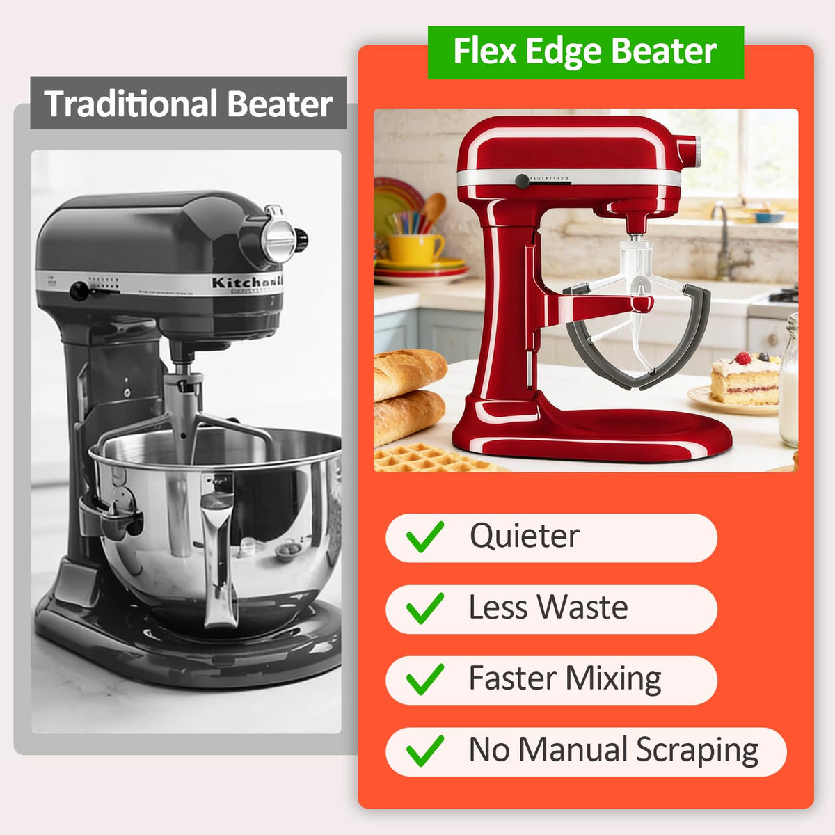 Flex Edge Beater Compatible with KitchenAid 5.5-6 Quart Bowl-Lift Stand Mixers, 6QT Paddle Attachment Replacement with Silicone Scraper, Heavy Duty Mixer Accessories, Dishwasher Safe