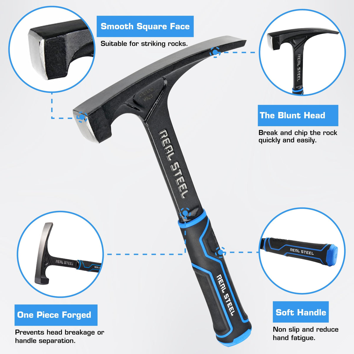 Real Steel Ultra Rock Pick Hammer 22 oz One Piece Steel Chipping Brick Masonry Hammer with Rubber Grip for Geological Study and Rock Hounding 0523