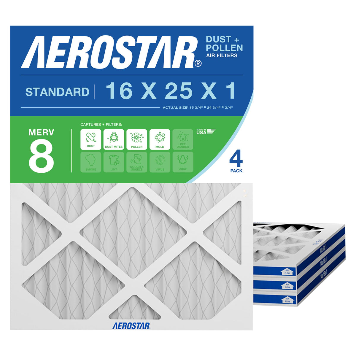 Aerostar Air Filter 16x25x1 MERV 8 AC Filter, HVAC, Furnace Filter, 4 Pack