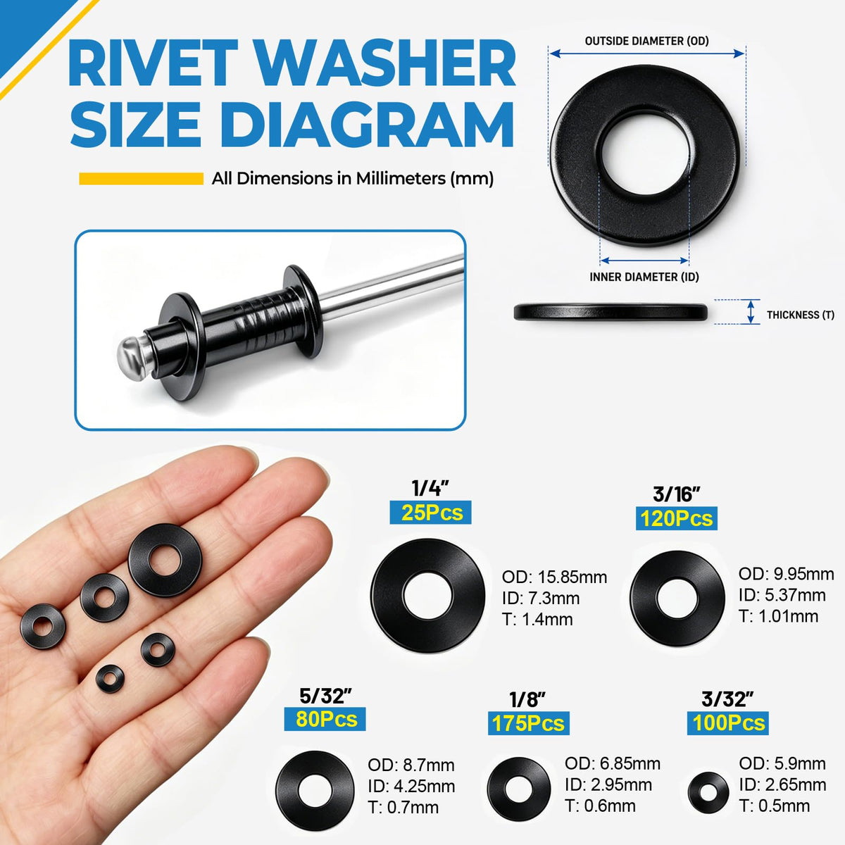 Huaque 1000PCS Black Pop Rivets Aluminum Blind Rivets Assortment Kit