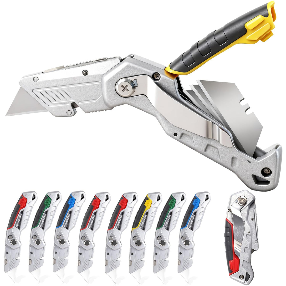10-Pack Heavy Duty Folding Box Cutter with Blade Storage (Entirety Metal)