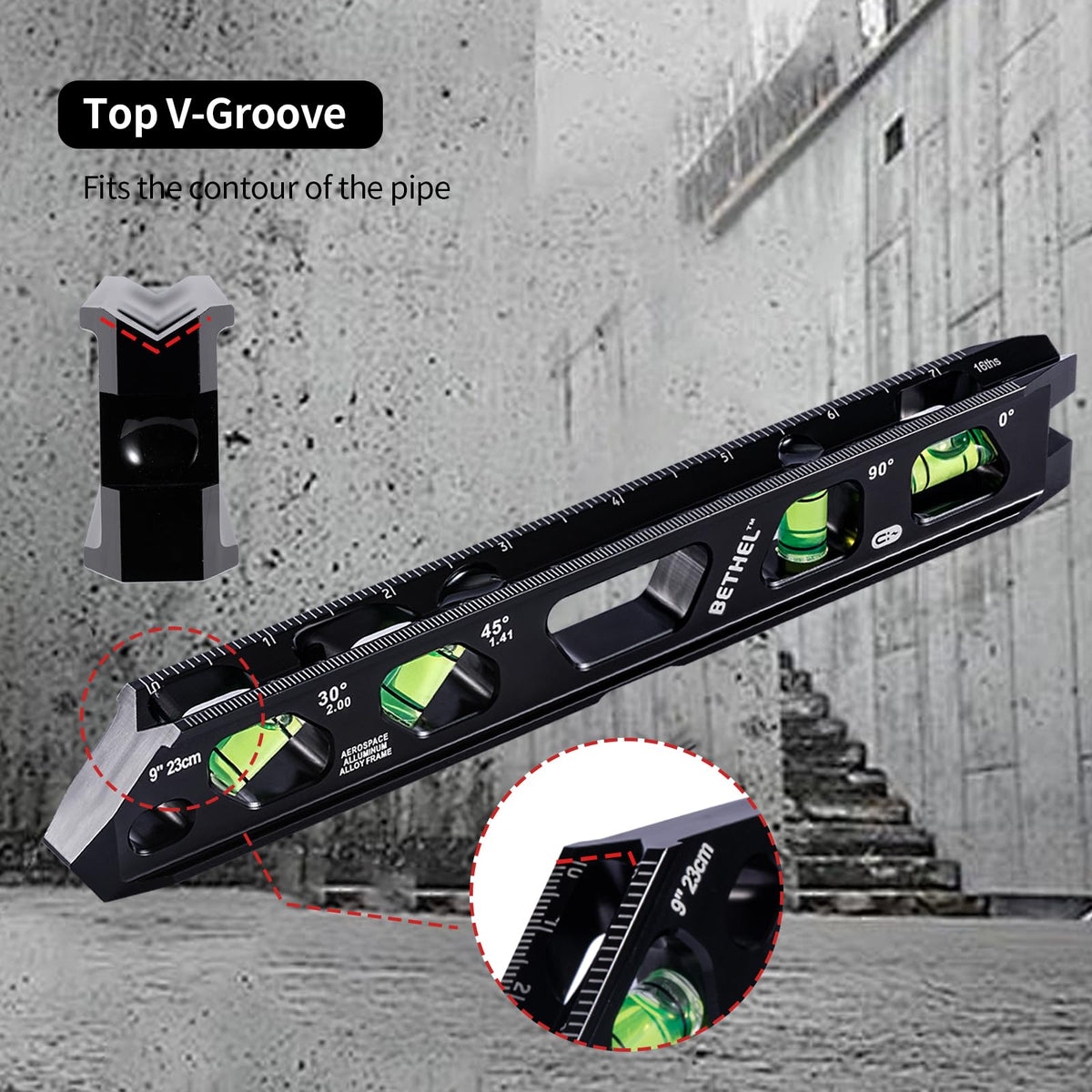 BETHEL 9 Inch Magnetic Torpedo Level with 4 Bubble Vials, V-Groove & Magnetic Rails, Black Aluminum Alloy Construction