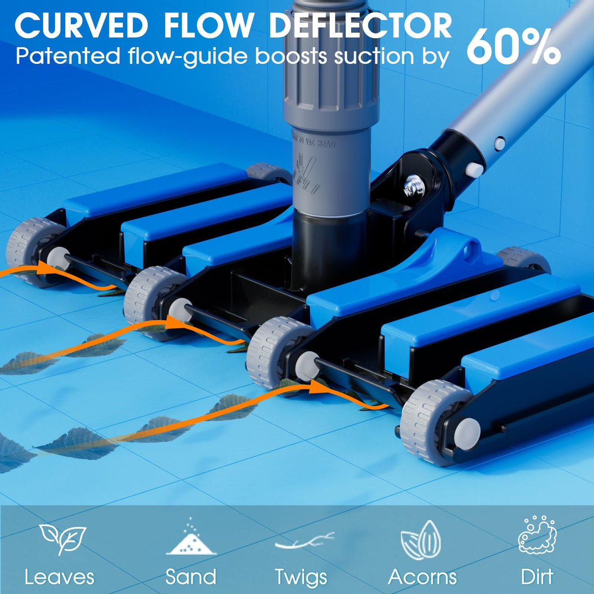 Commercial-Grade 4.4 LB Weighted Pool Vacuum Head & Swivel Handle - Lab-Tuned Brush,Debris Guide & Non-Slip Wheels for High-Efficiency Cleaning,Inground & Above Ground Swimming Pools – Blue