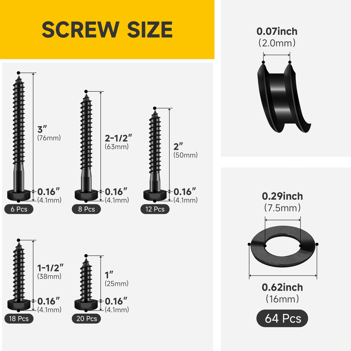Mywish 128Pcs 1/4 Hex Head Lag Screws Assortment Kit, External Heavy Duty Lag Bolts with Flat Washers, 304 Stainless Steel Wood Screws 18-8, Black Oxided 1/4 Bolts for Outdoor