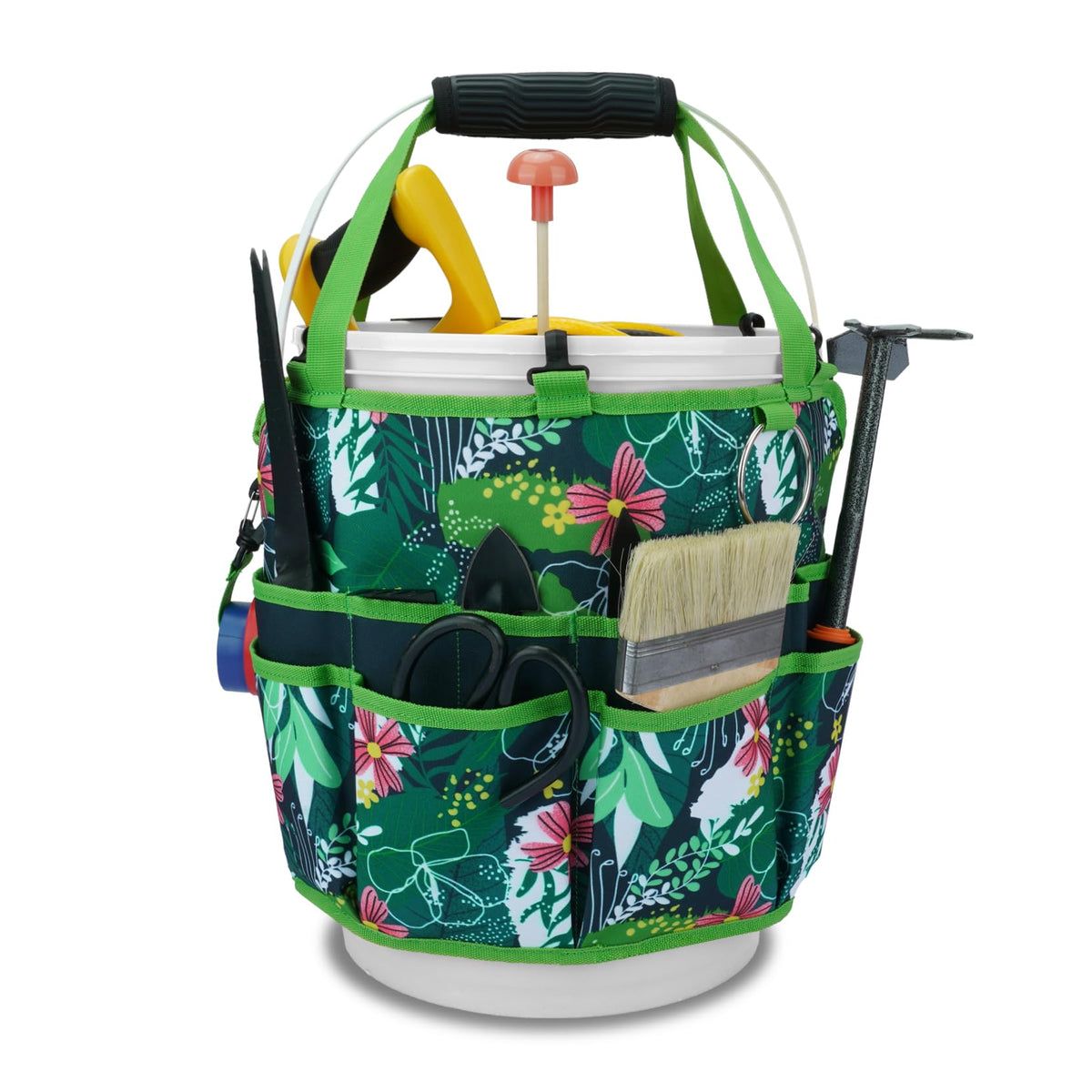 KUNN Bucket Tool Organizer 5 Gallon 18-Pocket Gardening Tool Bag with Hangable Handle, Garden Caddy & Bucket Accessory, Green