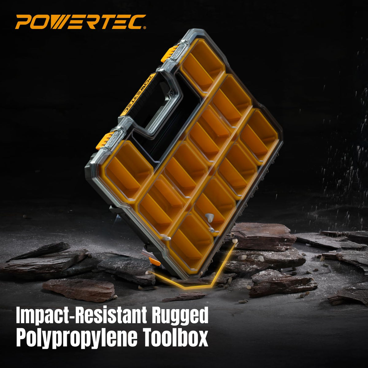 POWERTEC Small Parts Organizer & Tool Box – 20 Compartments, IP65 Water & Dust Protection, Stackable Storage with Interlocking Latch, Removable Bin, Dividers, Clear Lid, Portable Design (72366)