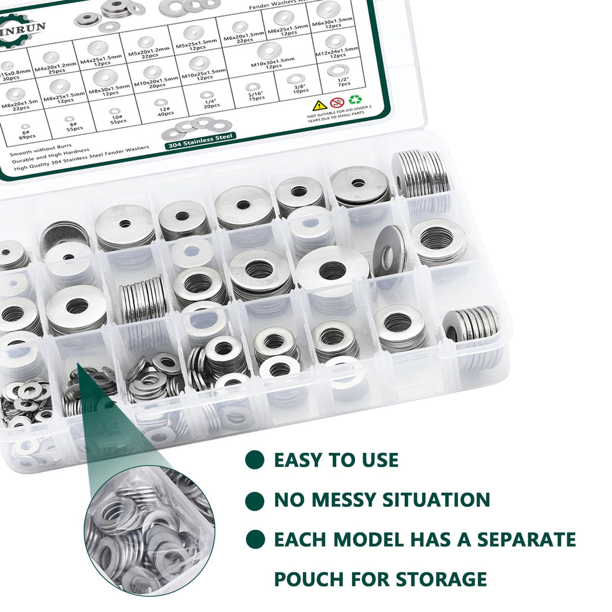 Fender Washers, 520 Pcs SAE + Metric 23 Sizes Flat Washers Assortment Set, 304 Stainless Steel Assorted Hardware Washers Kit for Bolts (M3 M4 M5 M6 M8 M10 M12 6# 8# 10# 1/4 5/16 3/8 1/2)