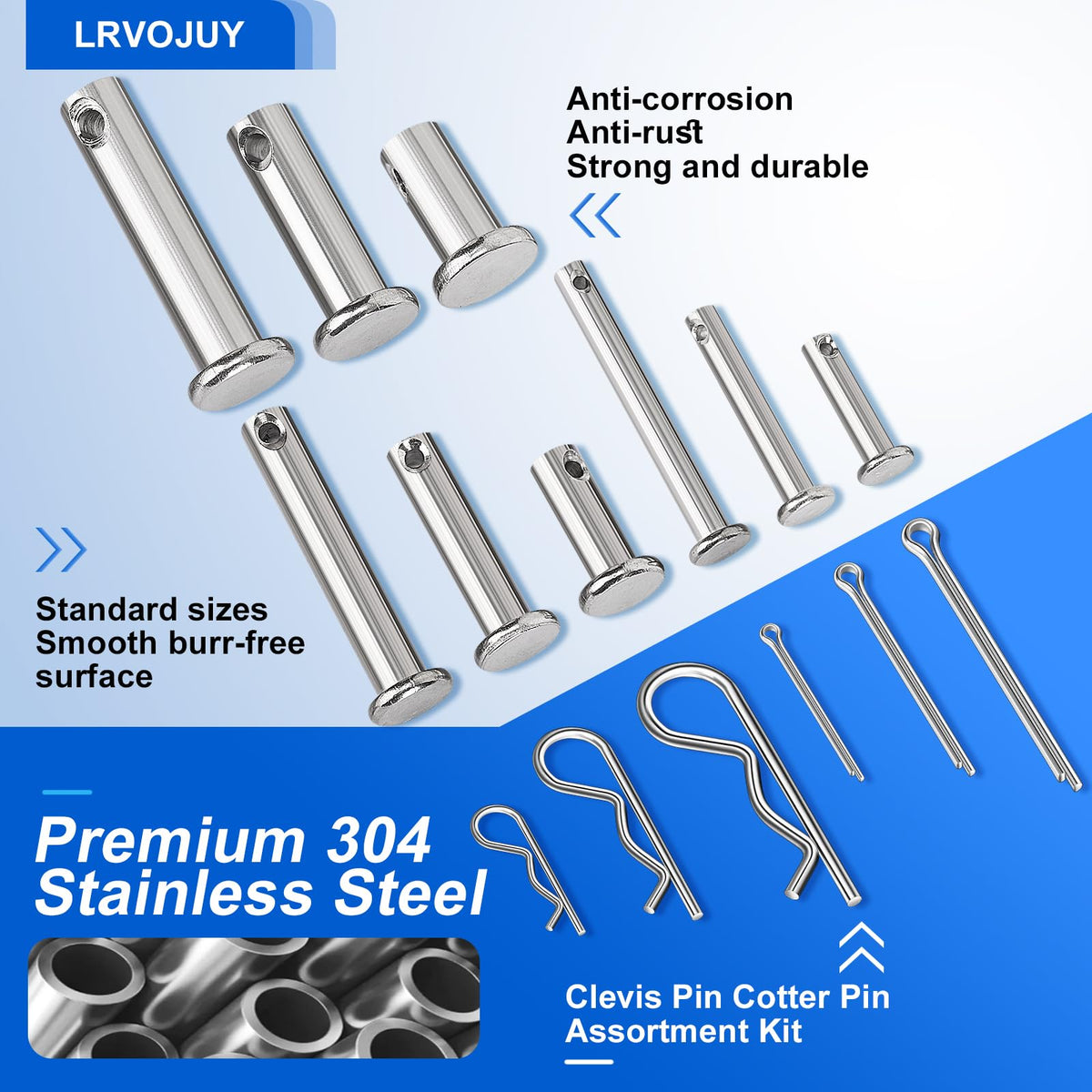 150PCS Premium 304 Stainless Steel Clevis Pins Cotter Pins R Clips Assortment Kit, 15 Sizes Single Hole Flat Head Cotter Clips Fasteners for Trailer Hitch, Automotive, Machinery Use