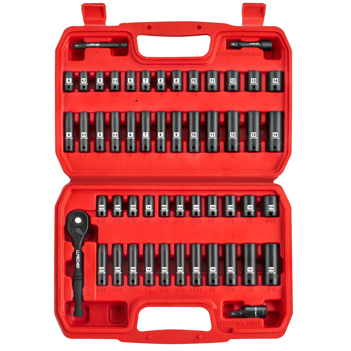 1/4" Drive Impact Socket Set, 52Pcs Ratchet Wrench Set, Metric and SAE