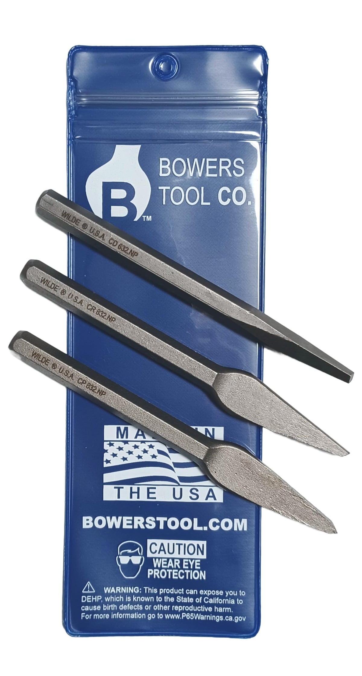 Bowers Tool Co. 3pc 5/32 Diamond 1/4in Cape and Round Chisel Set w Pouch MADE IN USA
