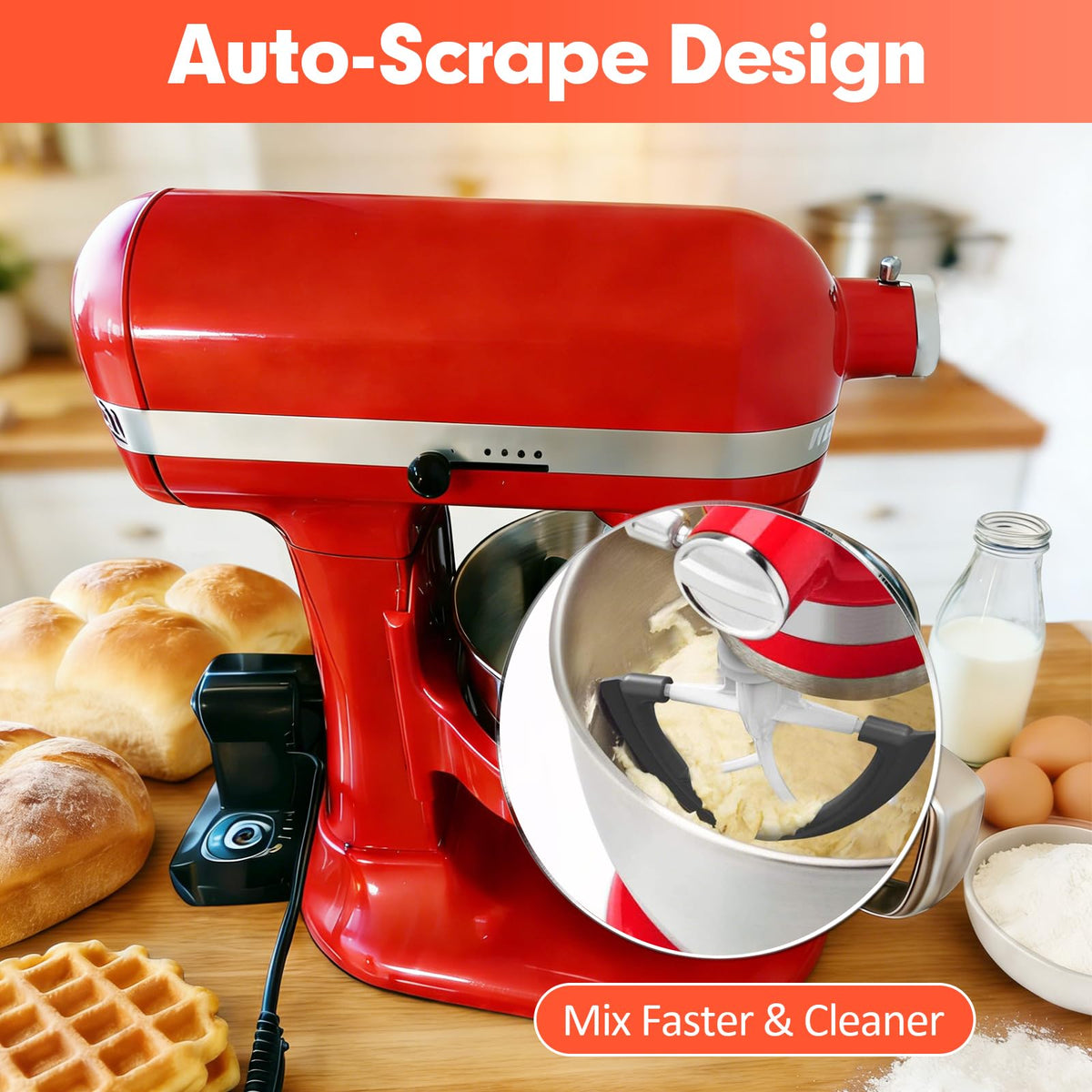 Flex Edge Beater Compatible with KitchenAid 5.5-6 Quart Bowl-Lift Stand Mixers, 6QT Paddle Attachment Replacement with Silicone Scraper, Heavy Duty Mixer Accessories, Dishwasher Safe